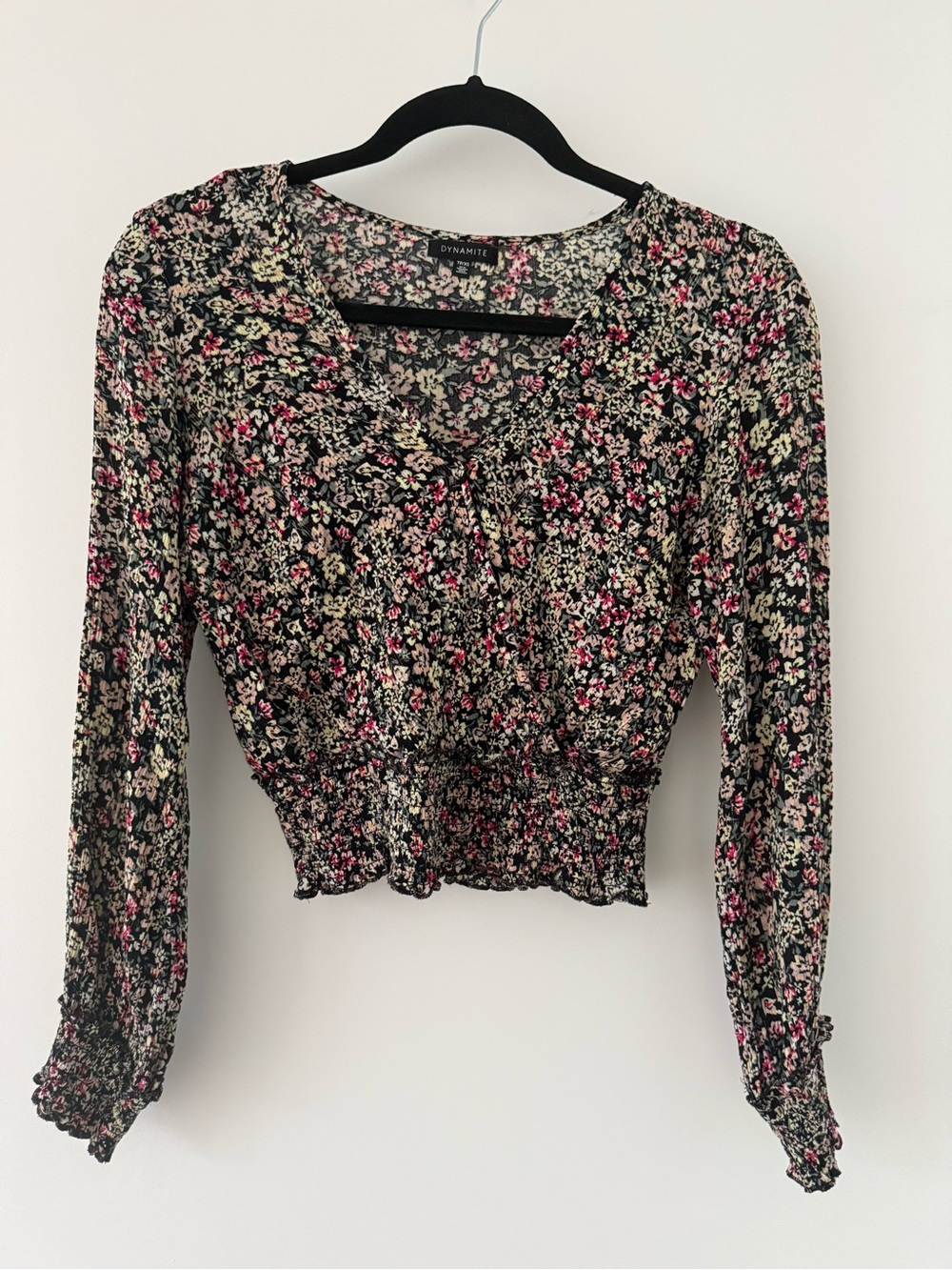 Dynamite Black Floral Smocked Waist V-Neck Blouse with Pink & Cream Flowers